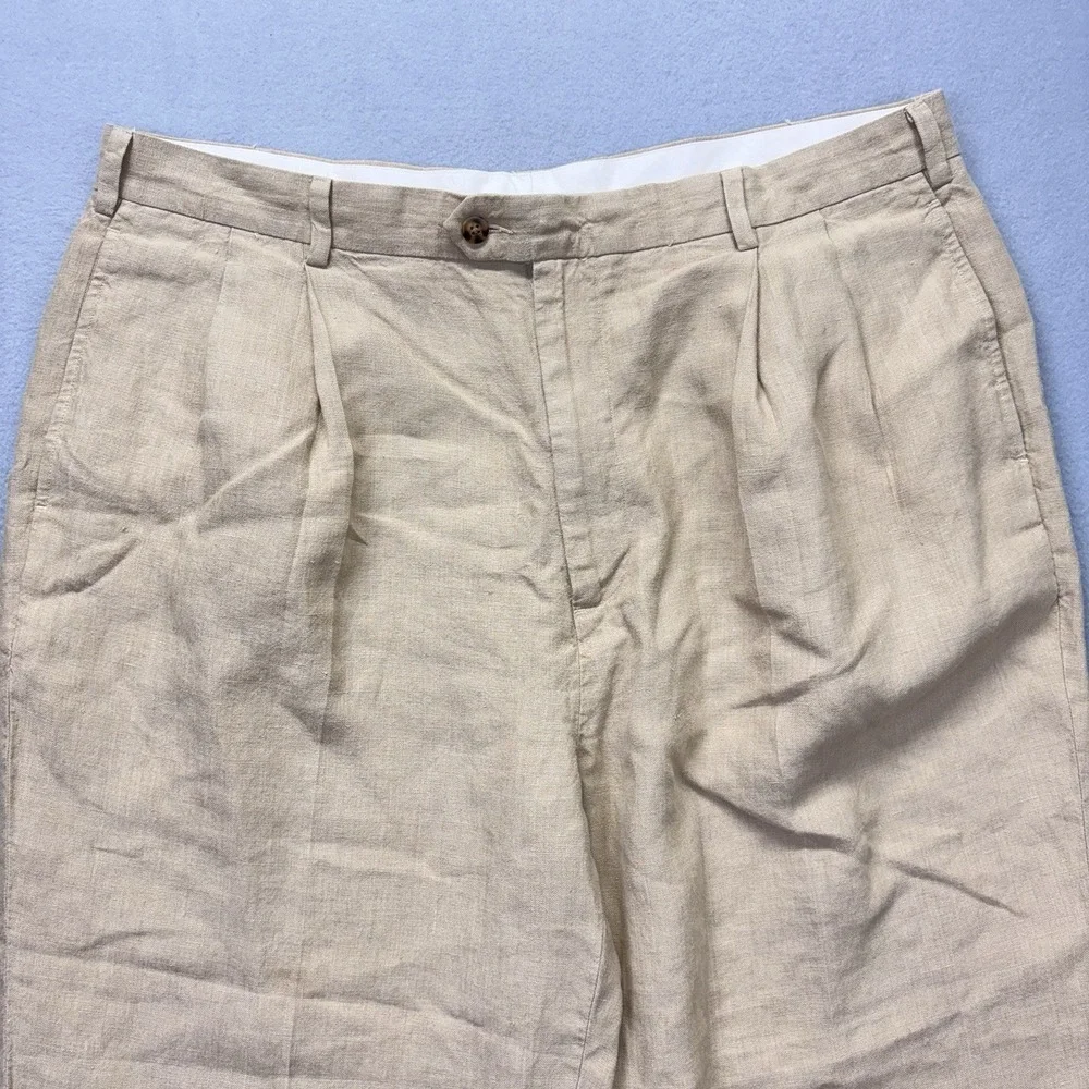 Jos A Bank Linen Pants Mens 40x29‎ Khaki Pleated Casual Costal Lightweight Chino